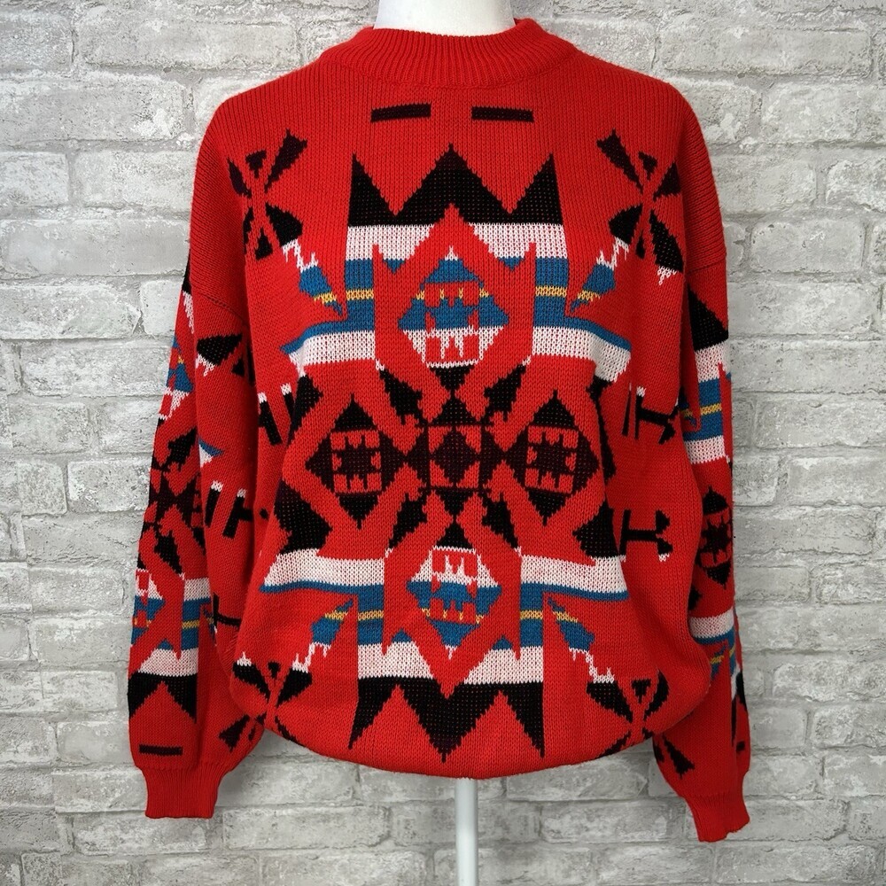 Vintage 1980s Sweater Southwest Blanket Print Pattern Jumper Red USA Red Black L